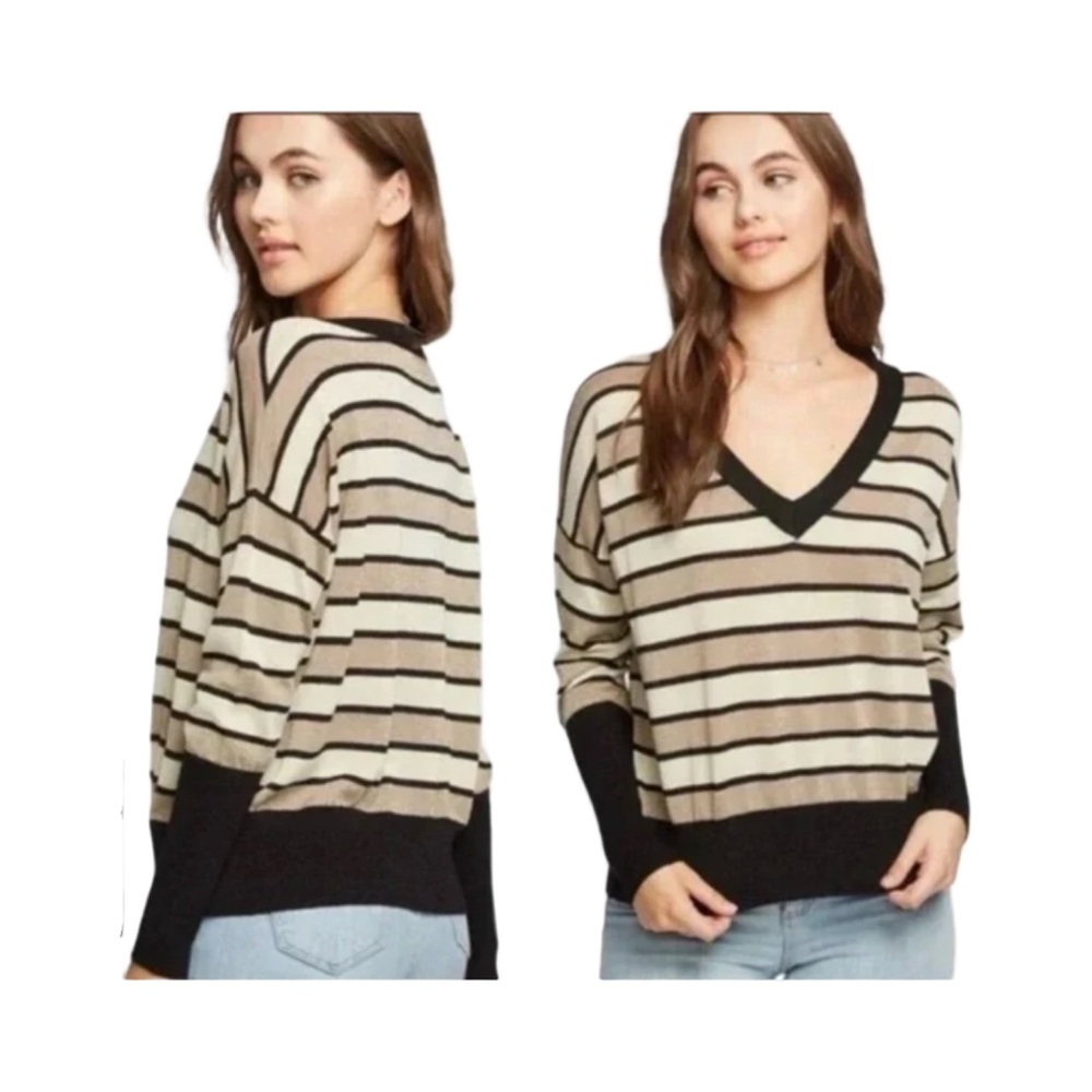 Evereve Chaser Womens Lurex Stripe Sweater V-neck Tan Black Size S NWT